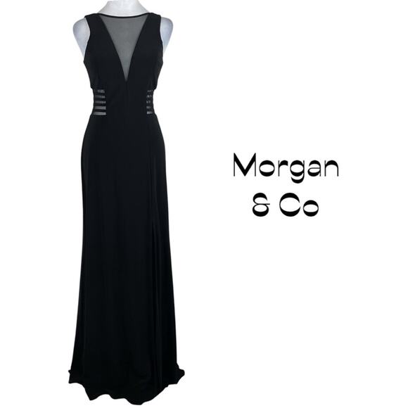 Morgan & Co Black Sheer Cutouts Feminine Party Event Occasion Maxi Dress Size 7 - Picture 2 of 15